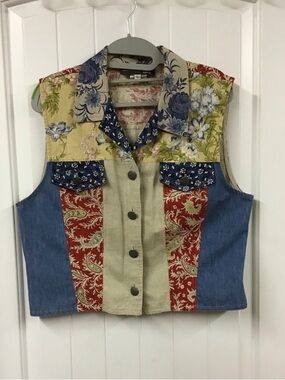 Patchwork Floral & Denim Button Front Vest - Multi Color size Large
